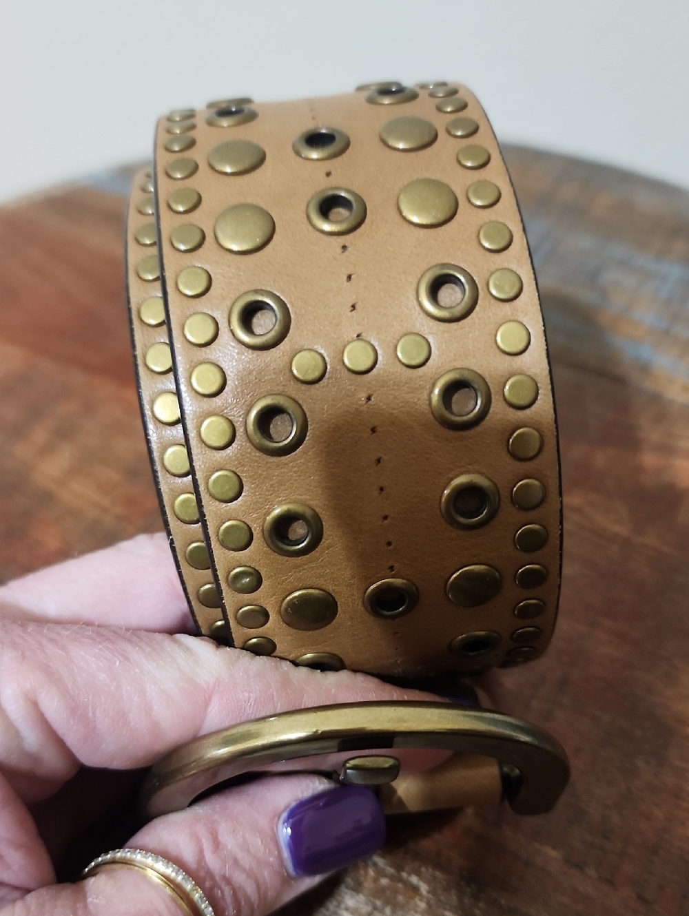 COACH Vintage Studded Tan Leather 2" Belt Antique Solid Brass Buckle Women Small - Picture 4 of 16